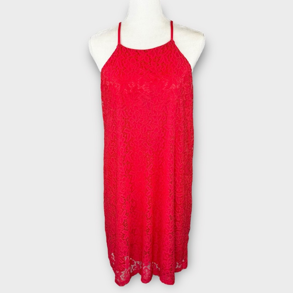 Maurices Red Lace Halter Neck Dress L Sleeveless Sheath Sexy Holiday Summer EUC
